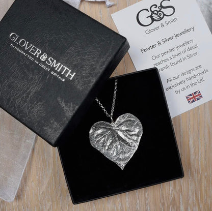 Heart Leaf Necklace on Sterling Silver Chain, English Pewter Jewellery