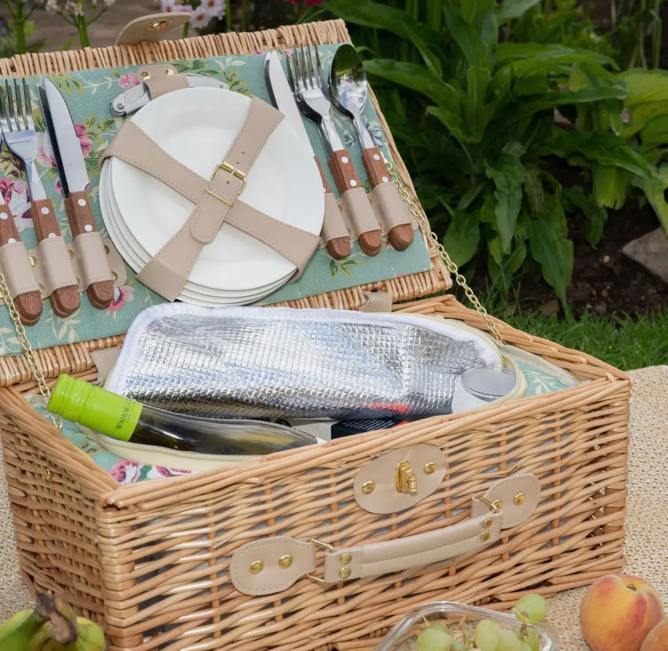 4 Person English Rose Lined Wicker Picnic Hamper