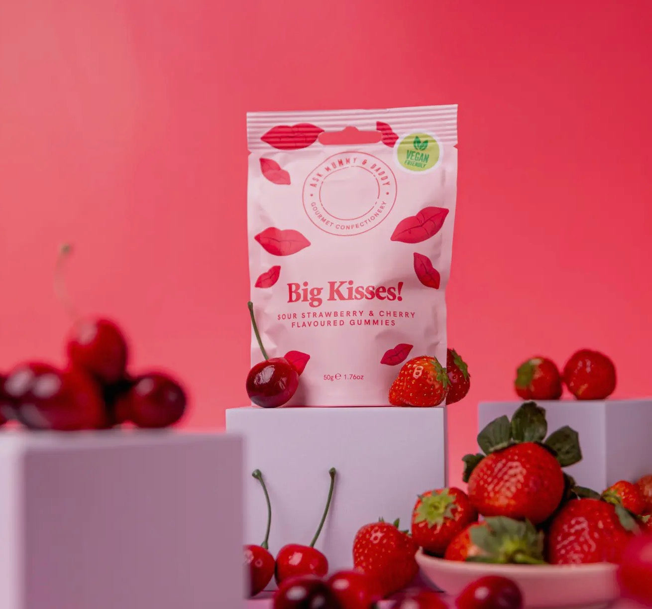 ‘Big Kisses’ Sour Strawberry and Cherry Gummies (vegan) 50g