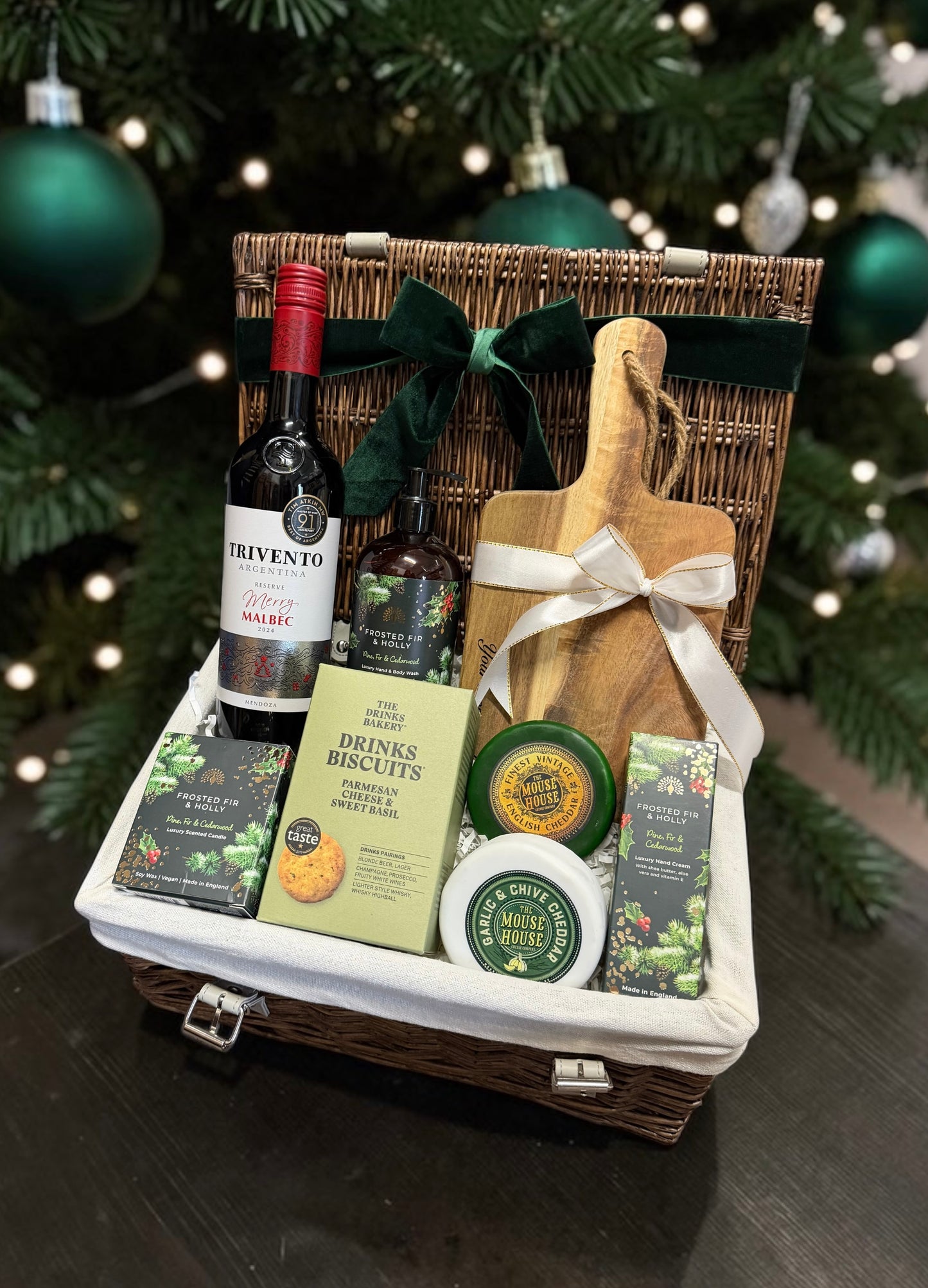 Frosted Fir Cheese and Celebrations Christmas Hamper | Choice of Bottle