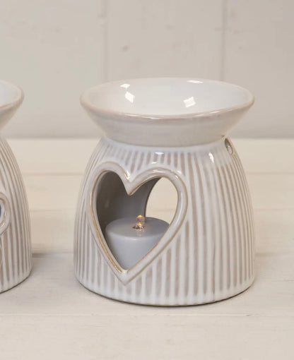 Natural Ceramic Fluted Oil Burner with Cut Out Heart Detail
