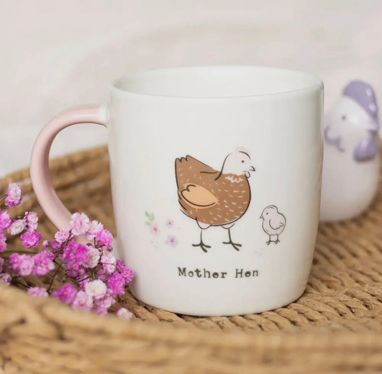Mother Hen Mug with Pink Handle