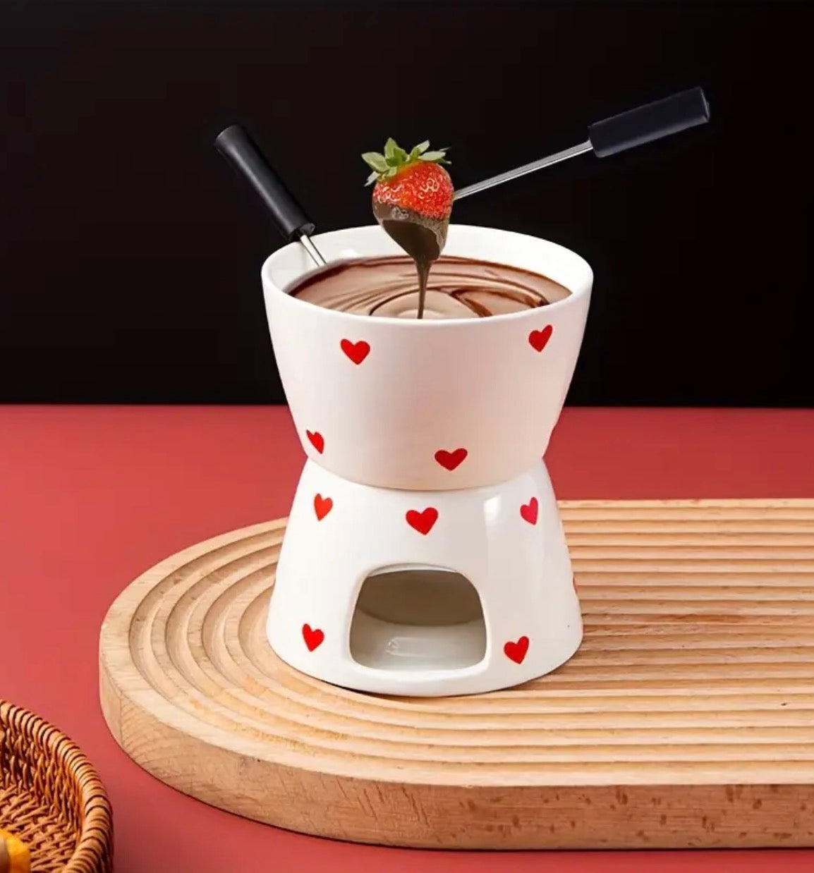 Heart Print Fondue Set with Two Forks
