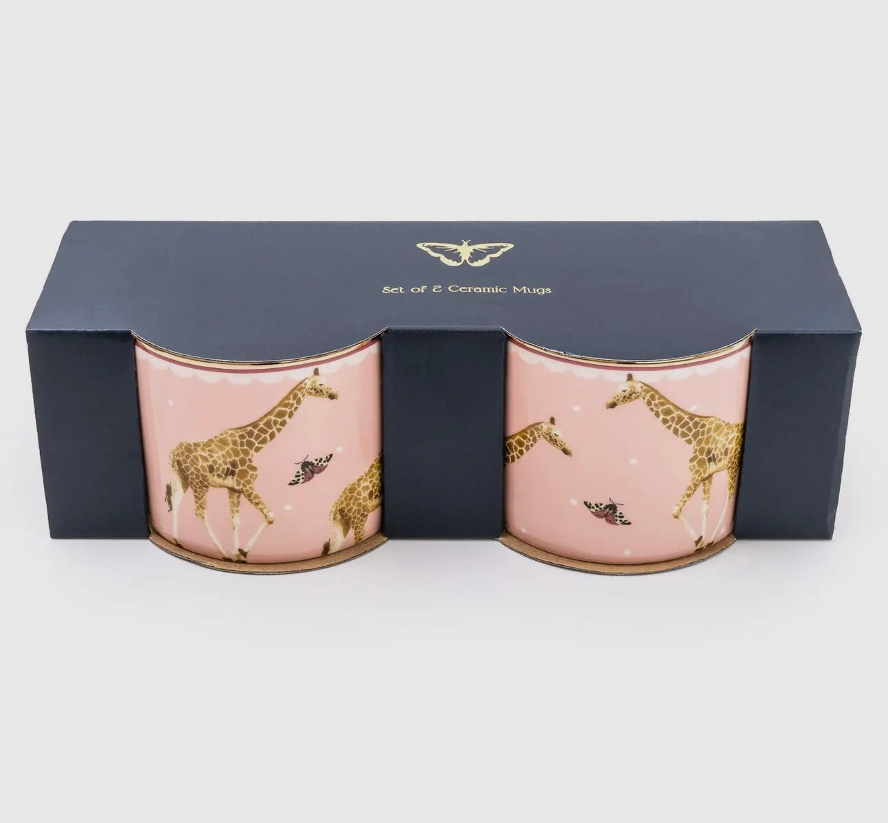 Set of 2 giraffe print pink luxury mugs with gold handles in gift box 
