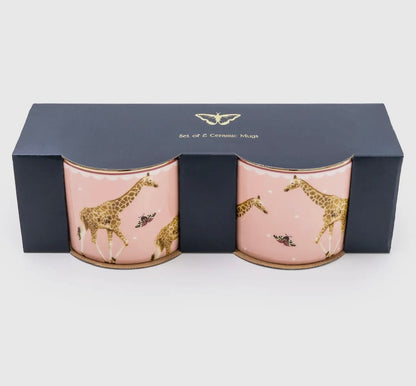Set of 2 giraffe print pink luxury mugs with gold handles in gift box 