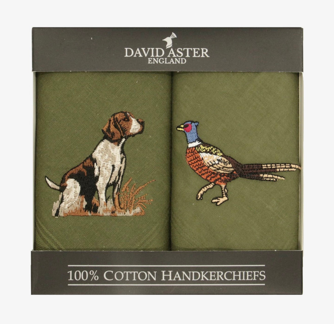 Pheasant and Hound Pair of Embroidered Green Handkerchiefs