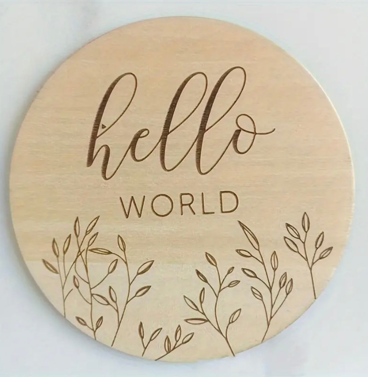 ‘Hello World’ round wooden new baby sign