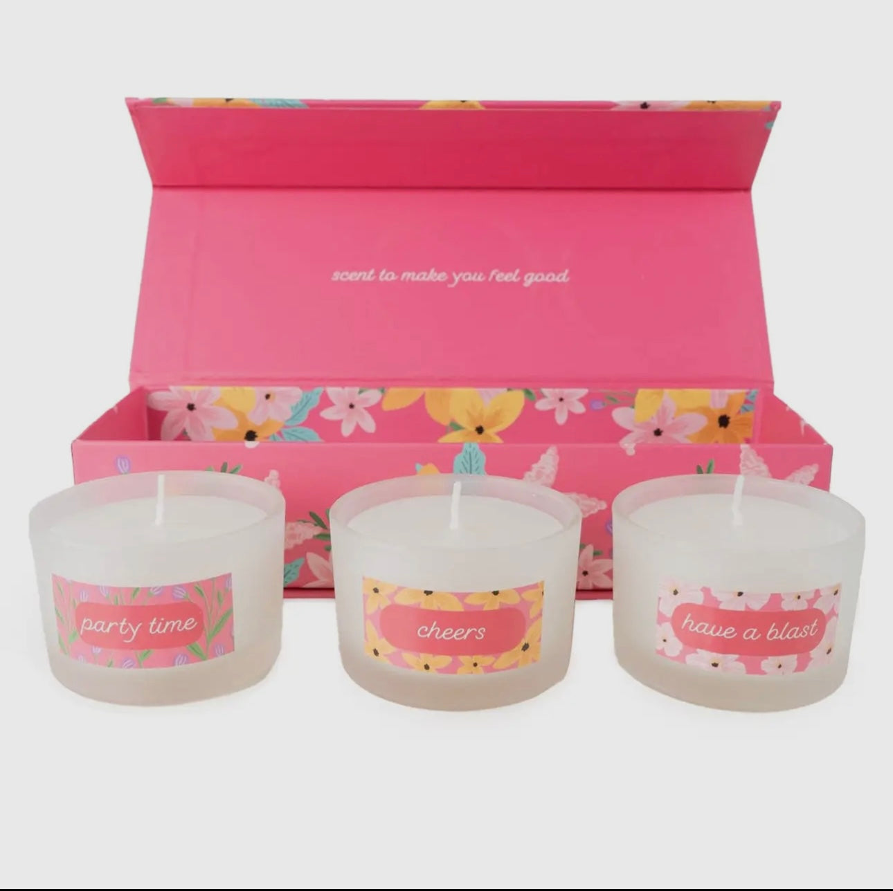 Set of 3 celebrations candles in pink floral box 