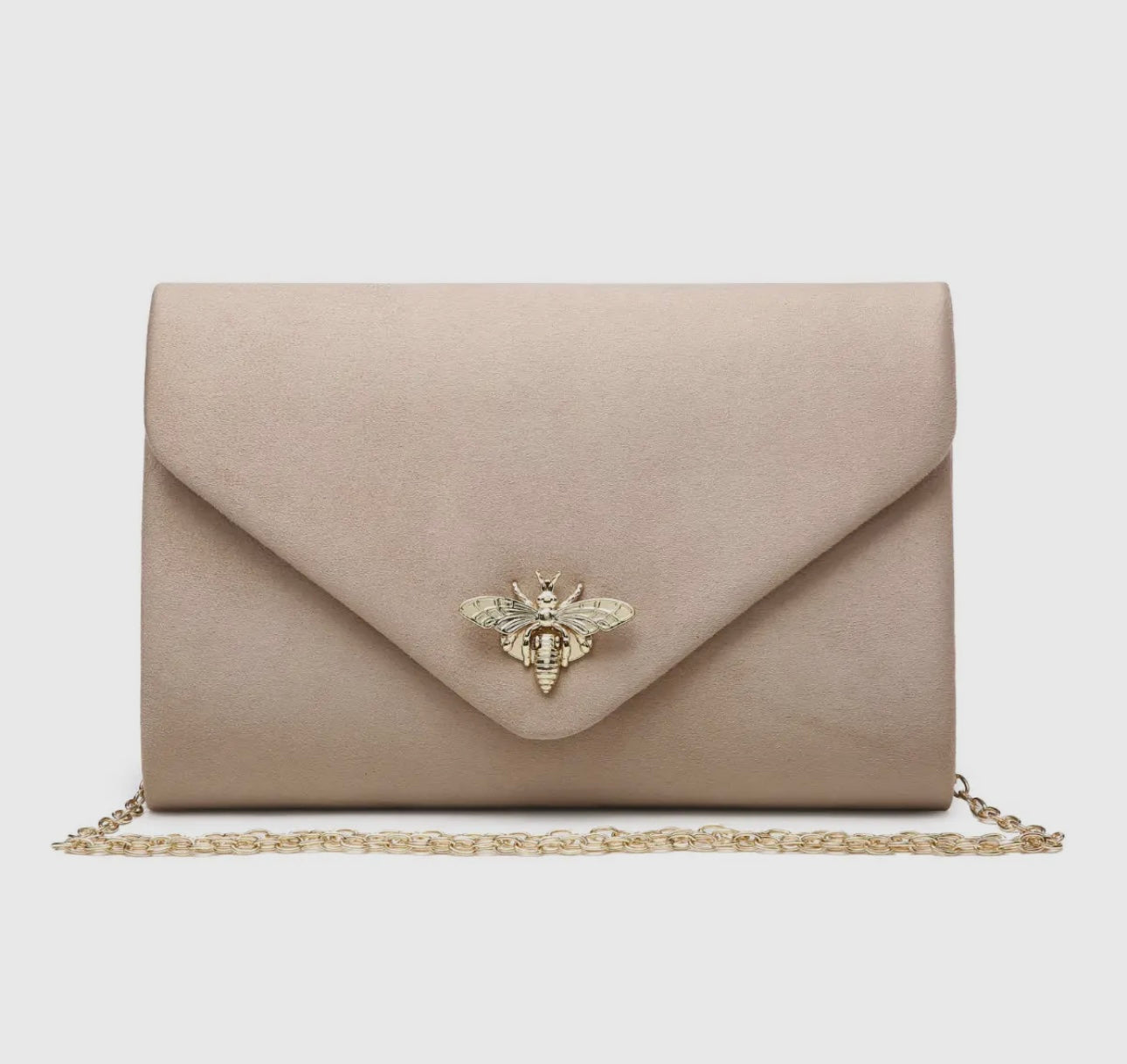 Suede Clutch Bag with Bee Shaped Clasp - Nude