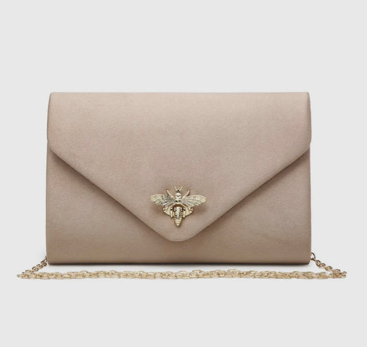 Suede Clutch Bag with Bee Shaped Clasp - Nude