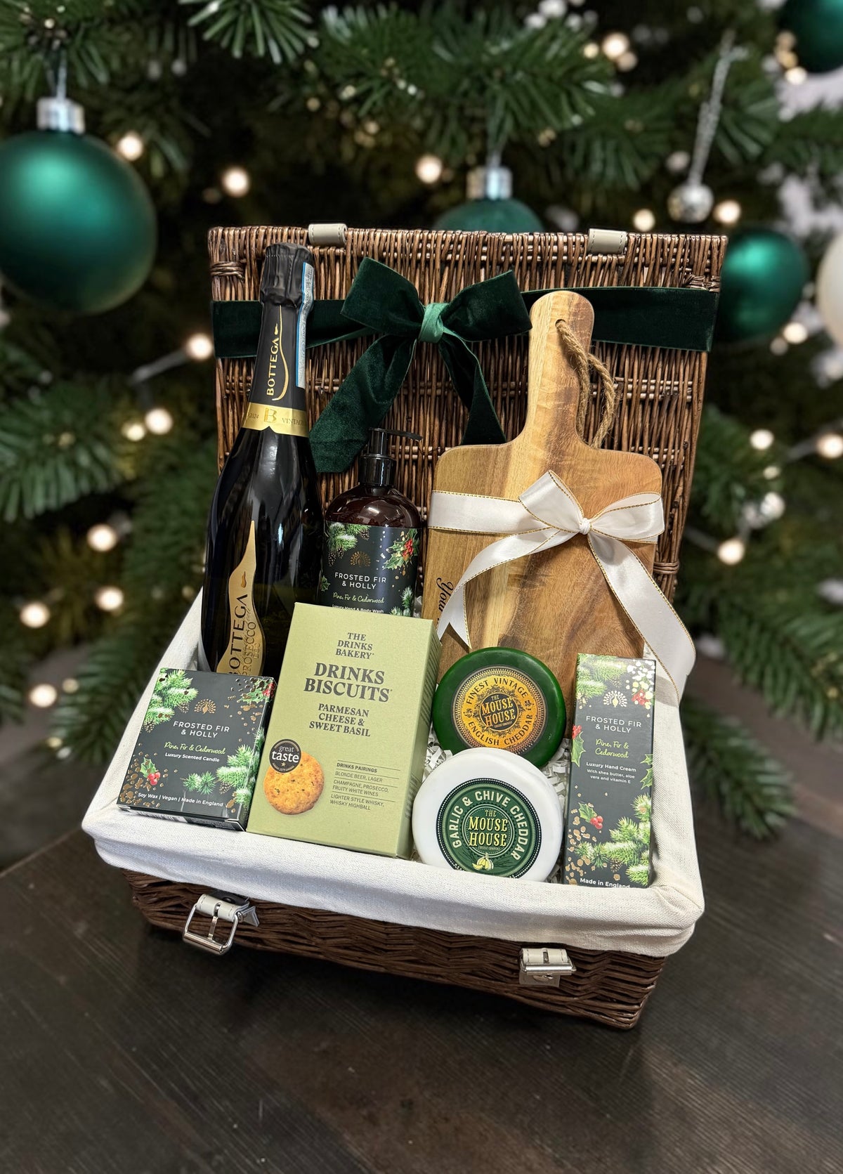 Frosted Fir Cheese and Celebrations Christmas Hamper | Choice of Bottle