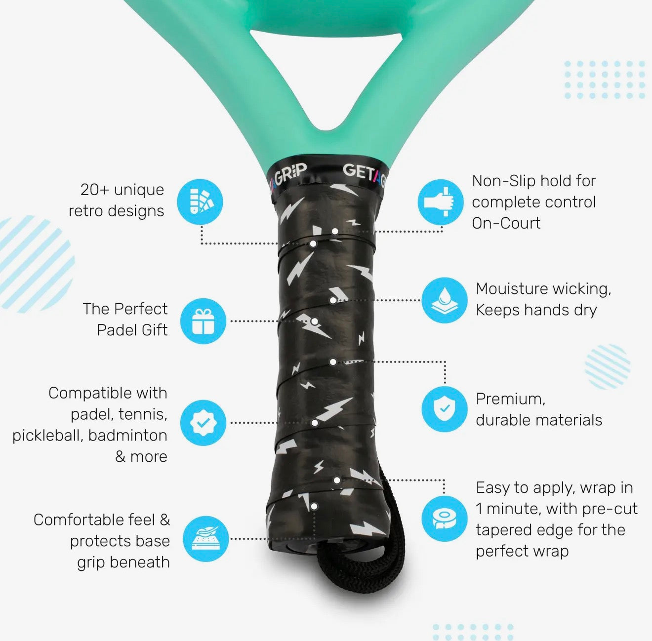Charged Up Padel or Tennis Racket Grip in Black