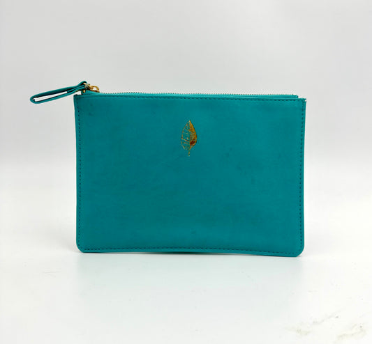 Teal leather pouch with gold leaf detail, elegant and minimalist design.