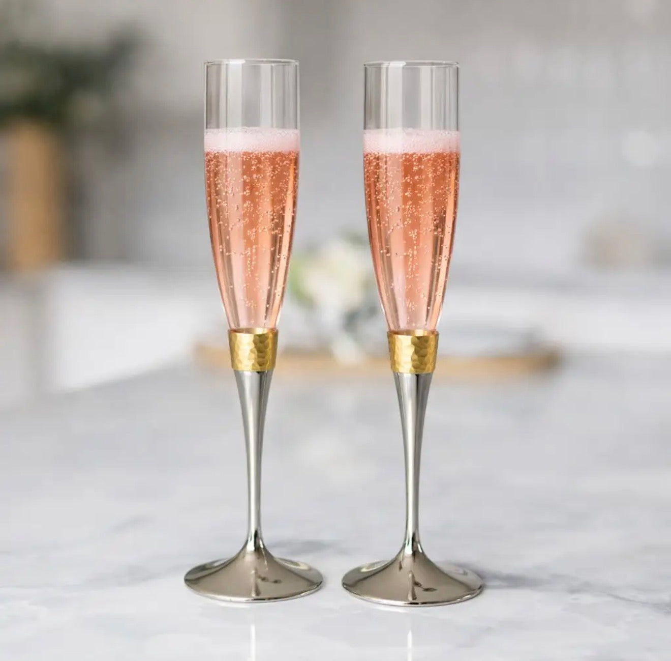 Silver-Plated Champagne Flutes with Brushed Gold Detail, Set of 2