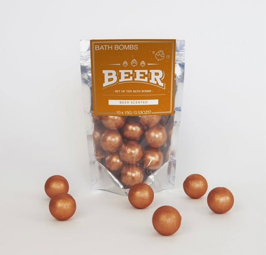 Beer-themed bath bombs pack with a foamy fizz and refreshing scent.