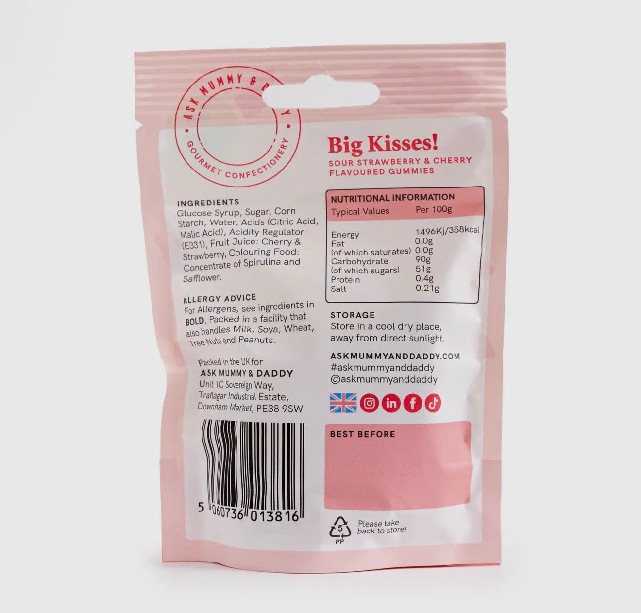 ‘Big Kisses’ Sour Strawberry and Cherry Gummies (vegan) 50g