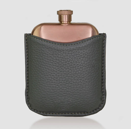 Copper Hip Flask with Green Pebble Grain Leather Sleeve | Can be personalised