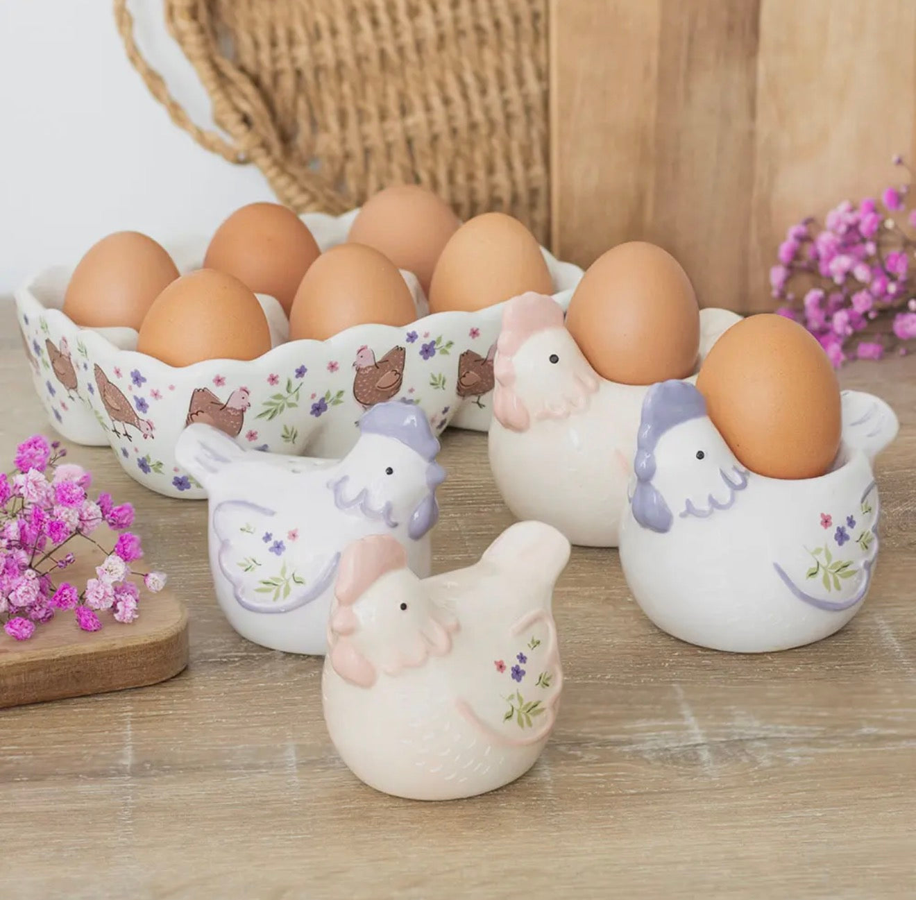 Set of Two Floral Chicken Shaped Egg Cups