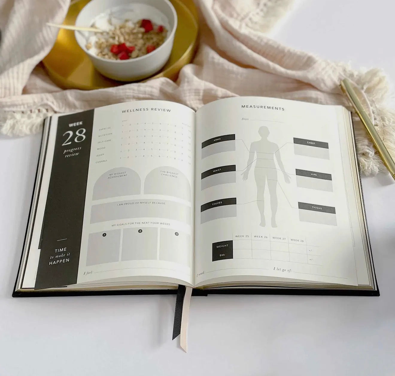 Daily Fitness Planner in Elegant Black Vegan Leather