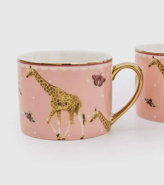 Giraffe pattern pink mug with gold handle from Wild Garden Collection.