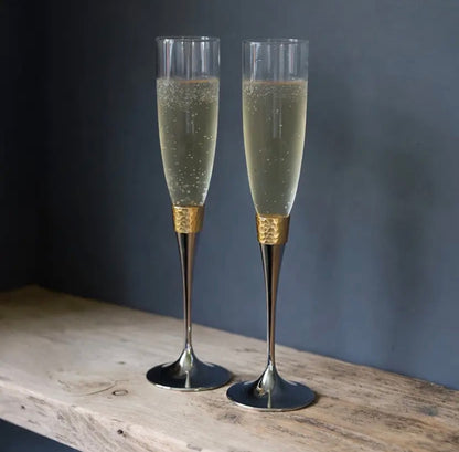 Silver-Plated Champagne Flutes with Brushed Gold Detail, Set of 2