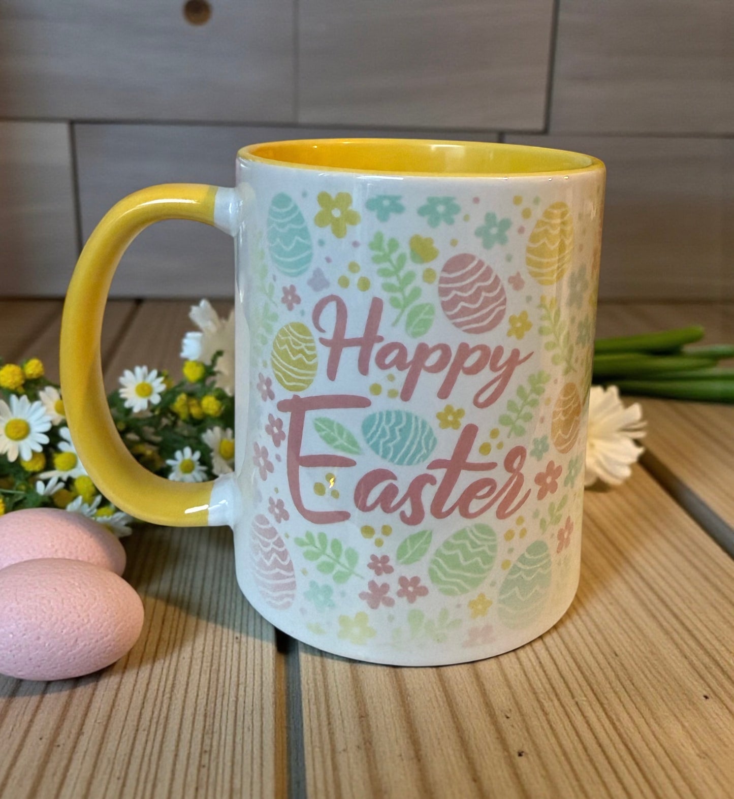 Happy Easter Printed Mug With Yellow Handle