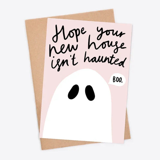 Funny "New Home" greetings card with ghost illustration and humorous message.