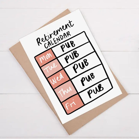 Funny retirement card with a pub-themed weekly calendar design for pub lovers.