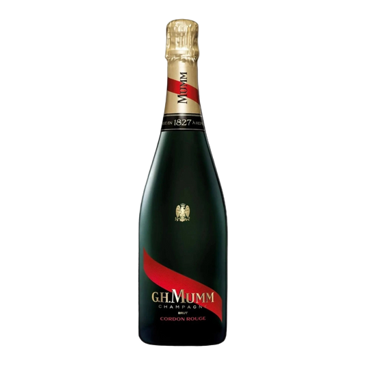G.H. Mumm champagne bottle on a white background