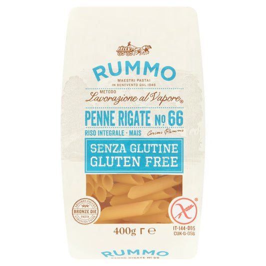 Rummo gluten-free penne rigate pasta package on a white background