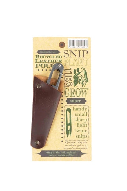 Lightweight garden snips in recycled leather pouch with bee design, ideal for trimming flowers and twine.