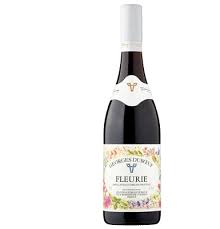 Georges Duboeuf Fleurie French red wine bottle displaying elegant and vibrant floral design.