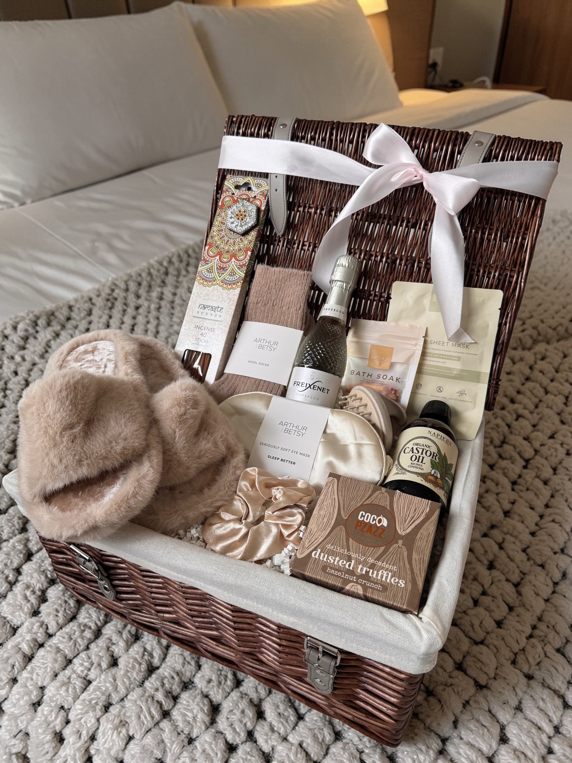 Girls night in hamper with slippers, skincare and prosecco