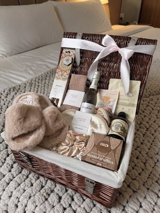 Girls night in hamper with slippers, skincare and prosecco