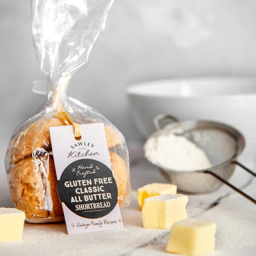 Gluten free classic butter shortbread biscuits in clear cellophane bag with label.