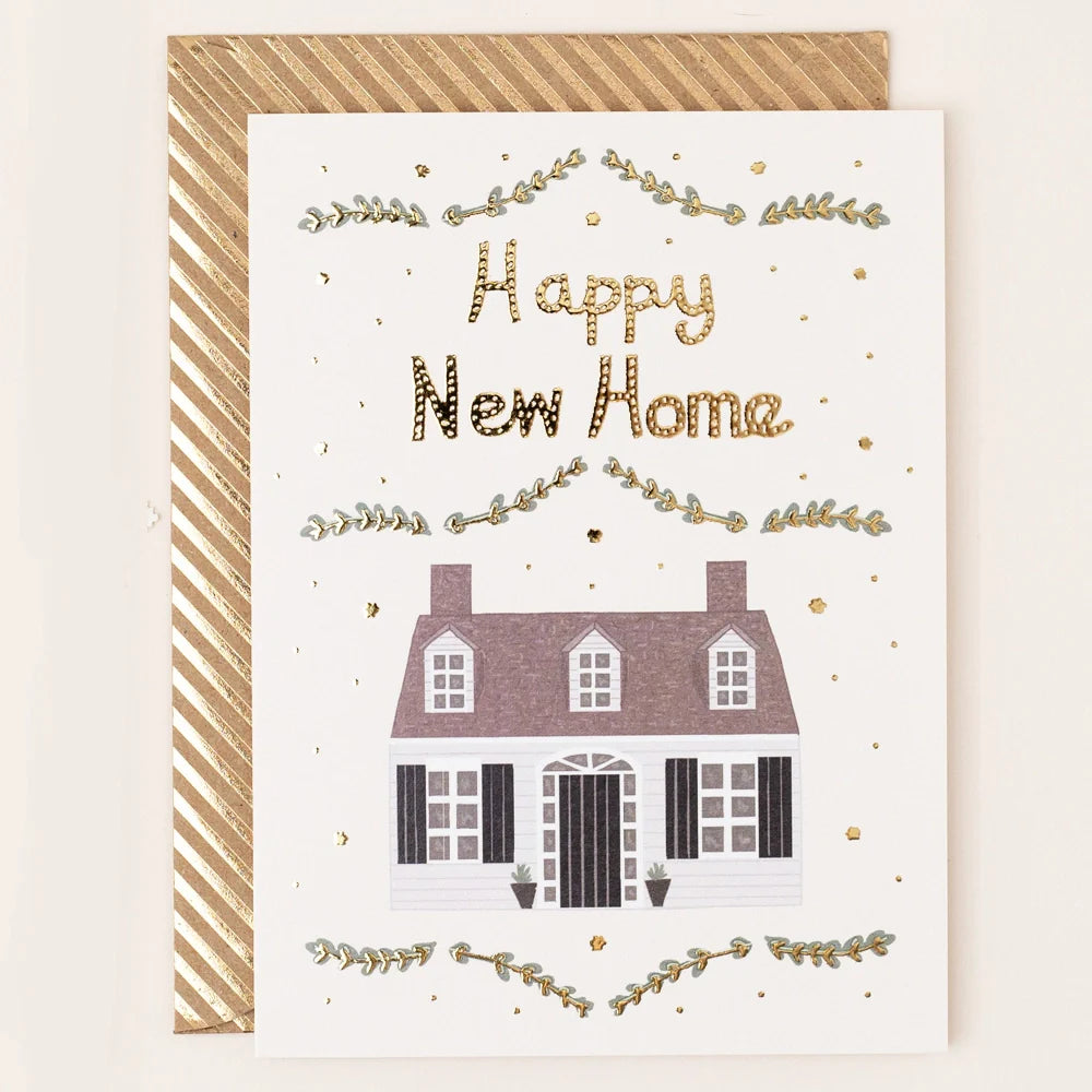Gold Foiled Happy New Home Greetings Card with Brown Envelope