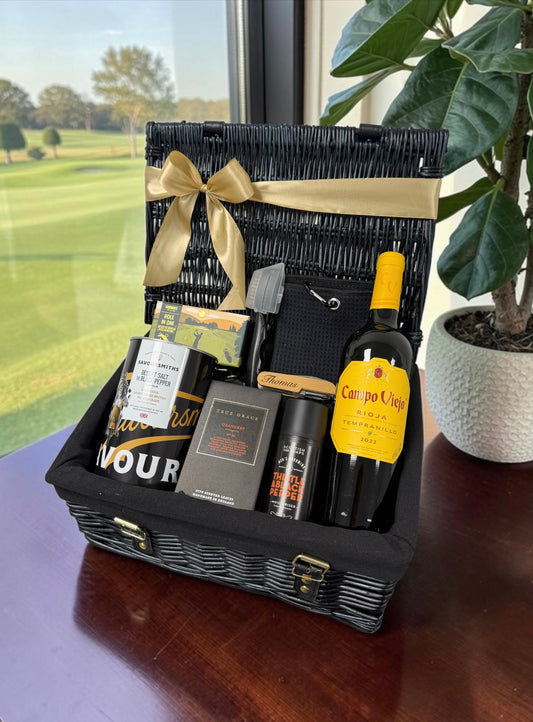 Golf gift hamper with Campo Viejo Rioja, Savoursmiths crisps, golf accessories, personalised bottle opener and luxury grooming products.