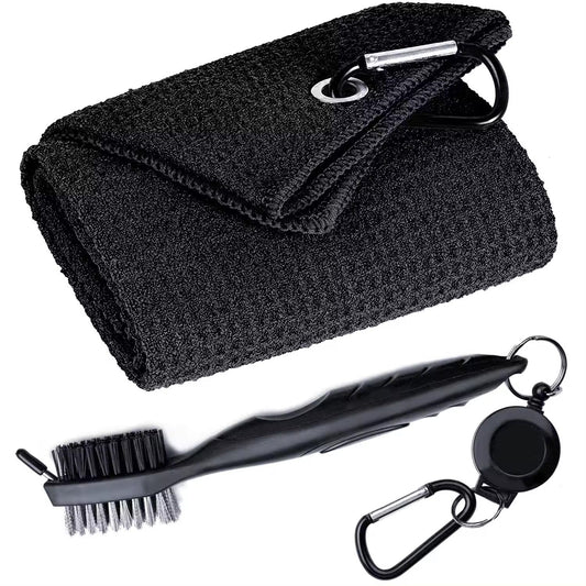 Golf Microfibre Towel Brush Kit with carabiner clip and club brush for easy storage and use.