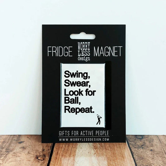 Golfers Lovers fridge magnet with "Swing Swear Look for Ball Repeat" text on black branded card.