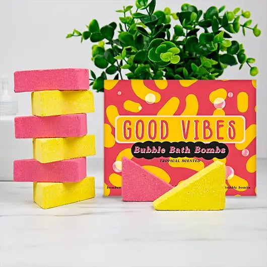 Good Vibes Bath Bombs with vibrant packaging and colorful fizzing blocks.