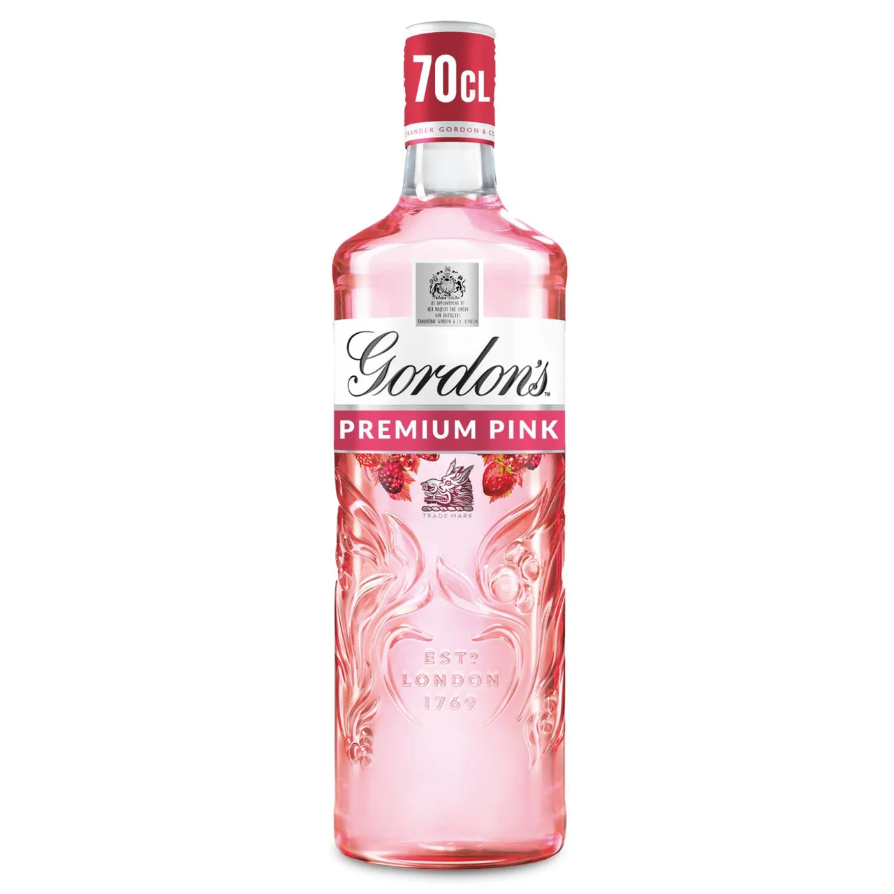 Bottle of Gordon's Premium Pink Gin 70cl with fruity raspberry, strawberry and redcurrant flavours.