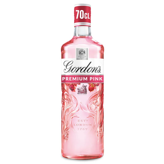 Bottle of Gordon's Premium Pink Gin 70cl with fruity raspberry, strawberry and redcurrant flavours.