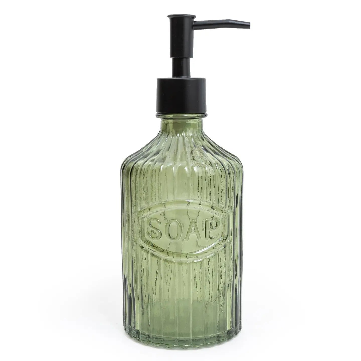 Green glass soap dispenser with black pump.