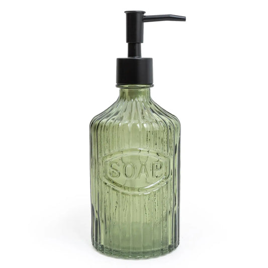 Green glass soap dispenser with black pump.