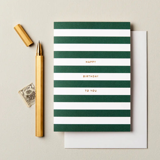 Luxury A6 birthday card with bold green stripe design and gold foil “Happy Birthday” lettering.