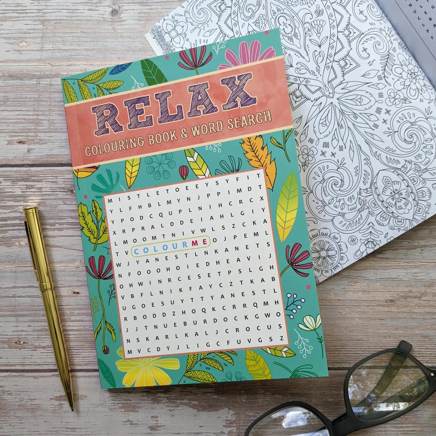 Grown Up Colouring and Word Search book with intricate designs and 52 puzzles.