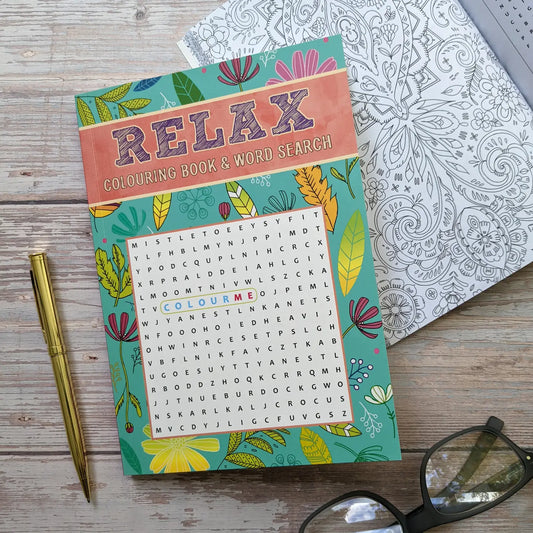 Grown Up Colouring and Word Search book with intricate designs and 52 puzzles.