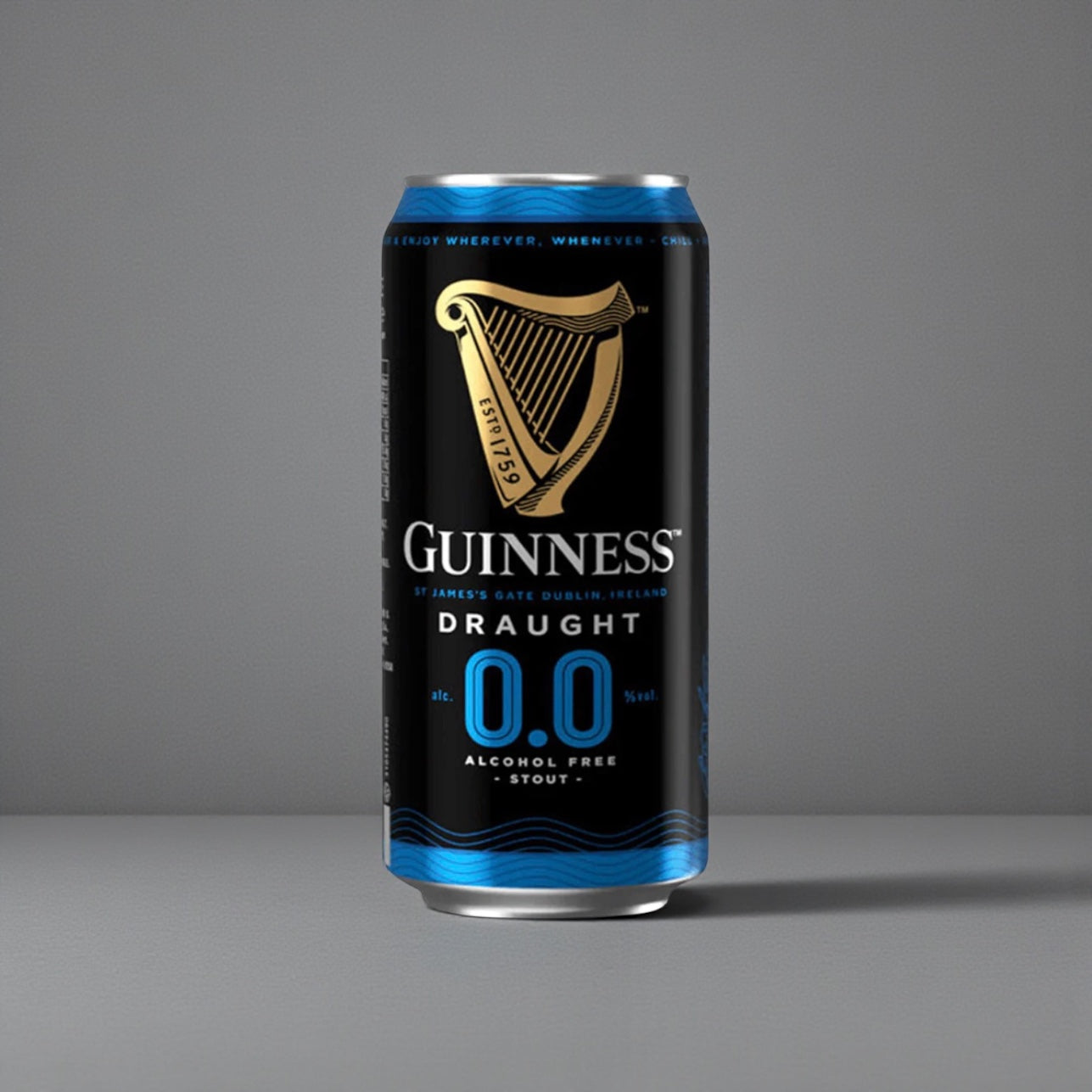 Guinness Draught 0.0 alcohol-free stout can on a gray background