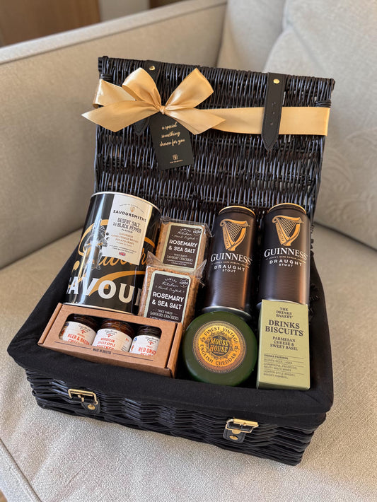 Guinness gift hamper with beer, crackers, cheeses, crisps and preserves