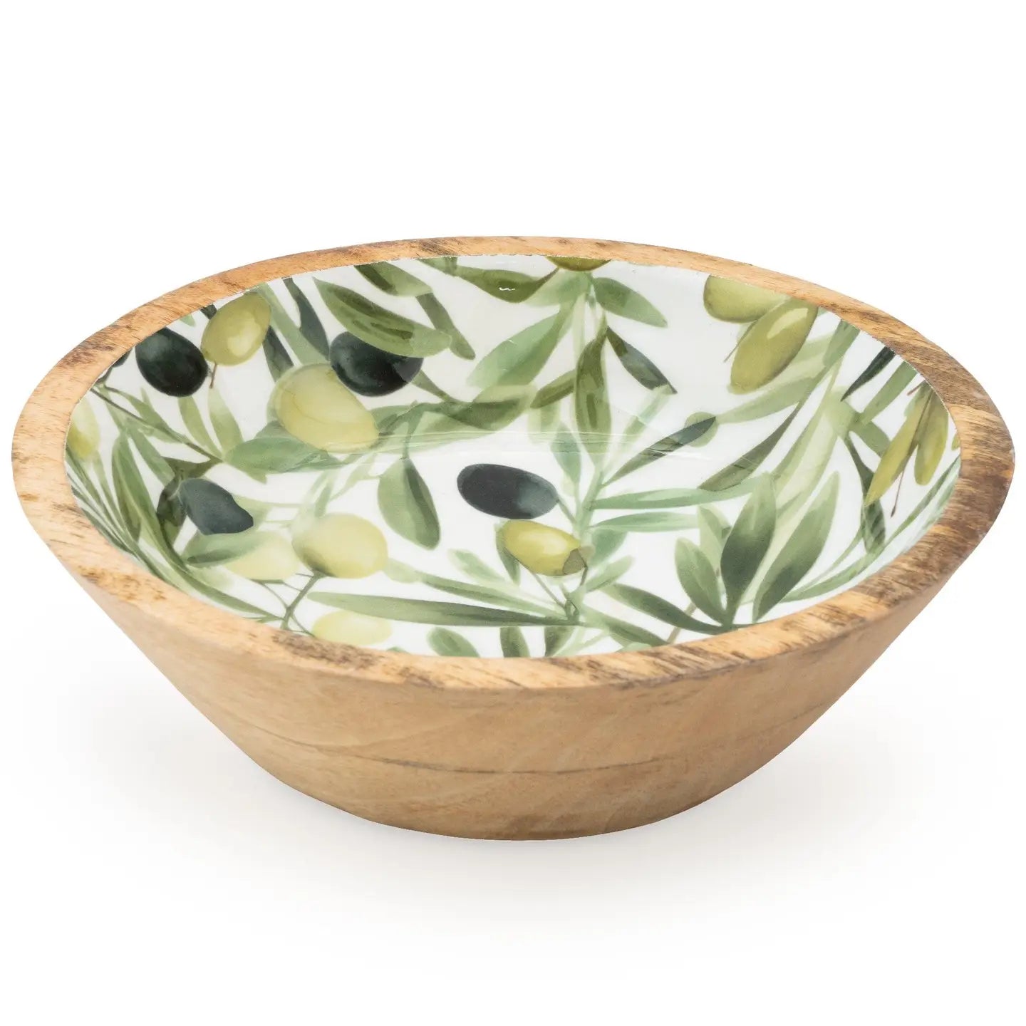 Handcrafted mango wood bowl with a bright olive and leaf pattern on a white interior.